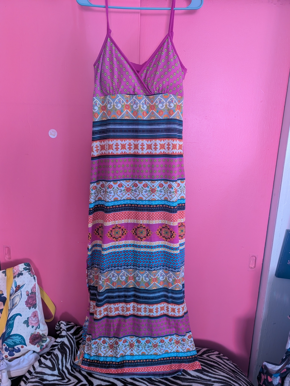 Purple Patterned Maxi Dress with Strappy V-Neck